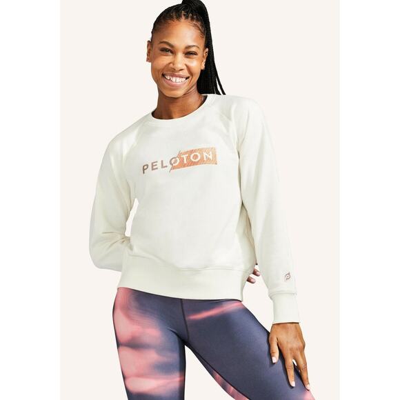 Peloton Cream Embroidered Crew Neck French Terry Pullover Sweatshirt Women Sz L - Picture 2 of 10